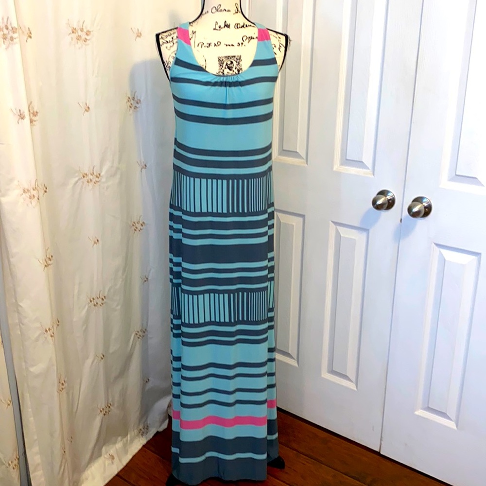 Multi color blue,grey and pink razor back maxi dress